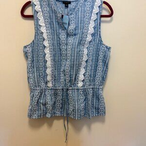 Ann Taylor Sleeveless Top Blue with unique White Lace Embroidery LP